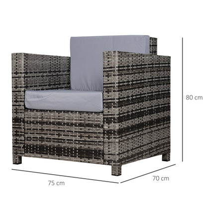 Outsunny Rattan Garden Armchair 10cm Cushion Outdoor Single Chair with Steel Frame, Grey