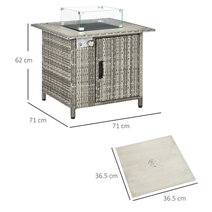 Outsunny 14.5 KW Rattan Gas Fire Pit Dining Table with Rain Cover, Wind Guard, Lid, Lava Rocks, Grey