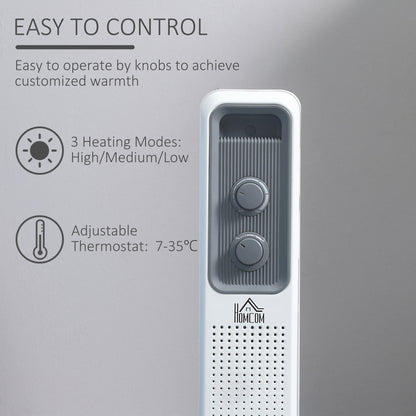HOMCOM 1500W Oil Filled Radiator, 7 Fin, Portable Electric Heater with 3 Heat Settings, Safety Cut-Off and Wheels, White