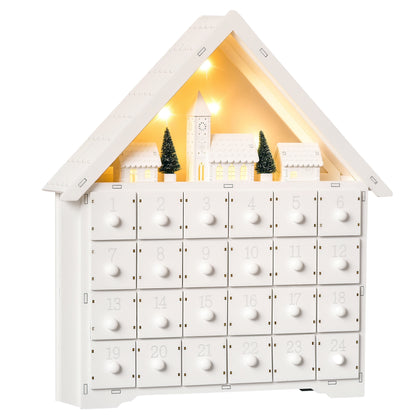 HOMCOM 24-Drawer Christmas Advent Calendar, Wooden Light-Up Traditional Decoration, Adults Kids Countdown Holiday House w/ Lights Handle White