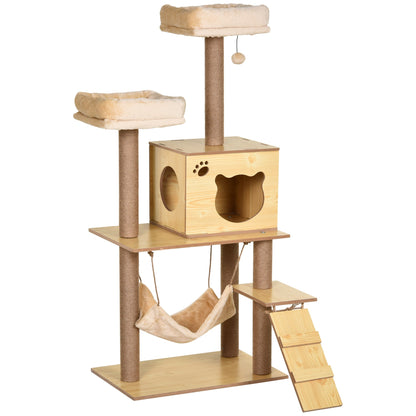 PawHut Cat Tree, 130 cm Cat Tree for Indoor Cats, Multi-Level Plush Cat Climbing Tower with 5 Scratching Posts, 2 Perches, Cat Condo, Hammock, Ramp, Toy Ball, Cat Tree for Large Cat, Yellow