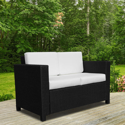 Outsunny 2 Seater Rattan Sofa with Soft Padded Cushion, All-Weather PE Wicker Weave Garden Loveseat with Armrests, Black