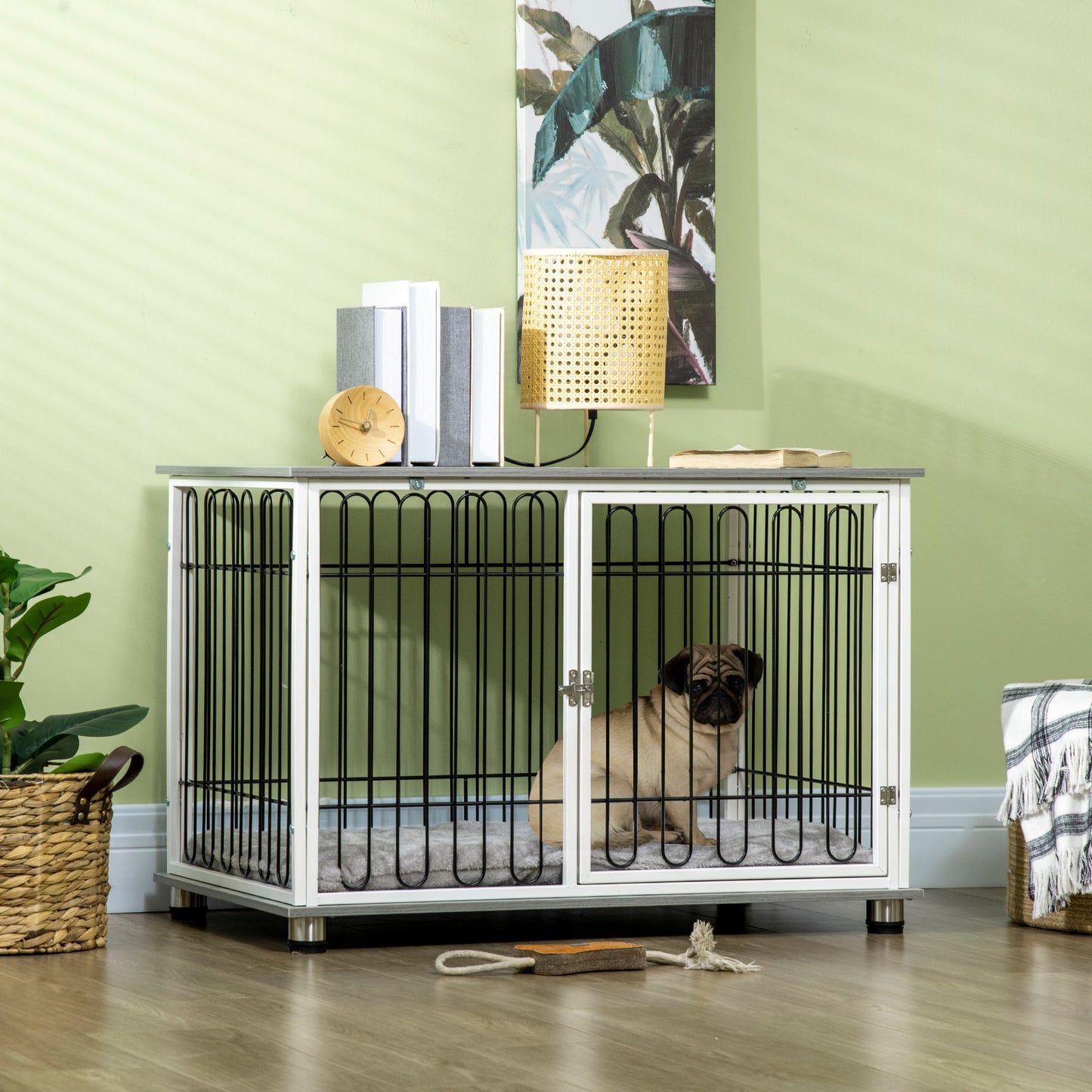 PawHut Indoor Dog Crate Furniture, Side End Table, with Soft Washable Cushion, Lockable Doors, for Small and Medium Dogs