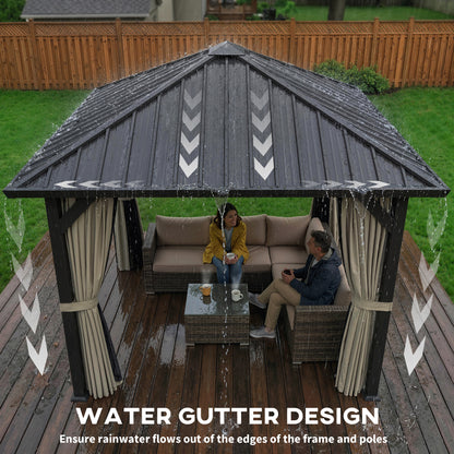 Outsunny 3 x 3(m) Hardtop Gazebo with Galvanised Steel Roof and Water Gutter, Waterproof Permanent Pavilion Garden Gazebo with Netting and Curtains for Patio, Deck, Black