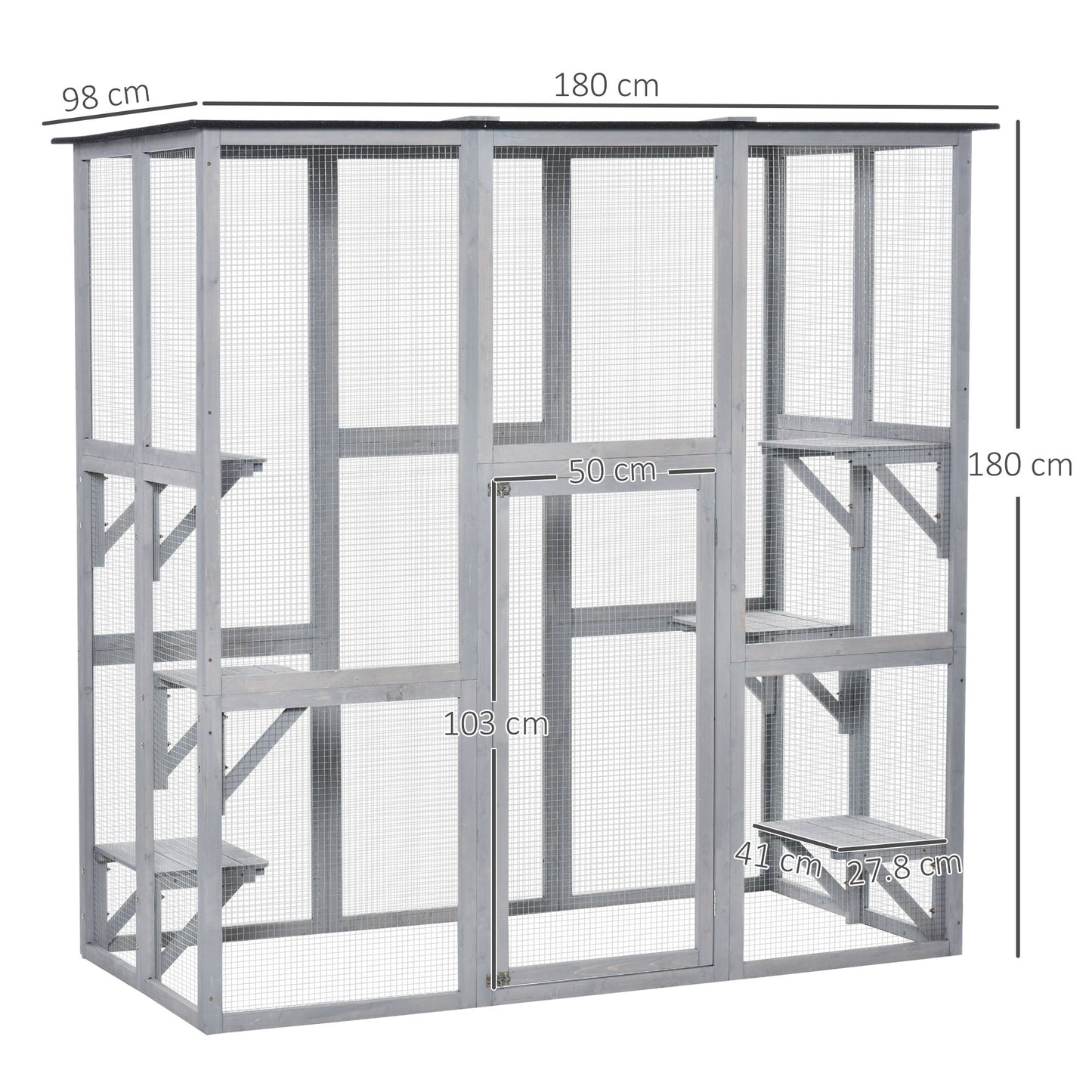 PawHut Wooden Catio Cat Outdoor Enclosure, Cat Cage with Waterproof Roof, Platforms, for Multiple Kittens, 180 x 98 x 180 cm