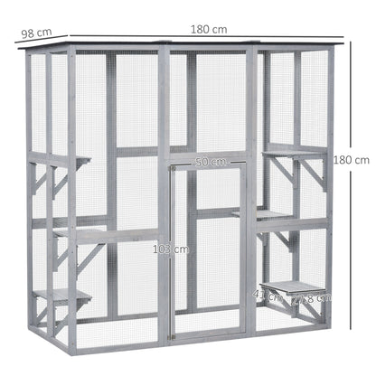 PawHut Wooden Catio Cat Outdoor Enclosure, Cat Cage with Waterproof Roof, Platforms, for Multiple Kittens, 180 x 98 x 180 cm