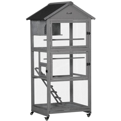 PawHut Bird Cage Mobile Wooden Aviary House for Canary Cockatiel Parrot with Wheel Perch Nest Ladder Slide-out Tray 86 x 78 x 180cm Dark Grey