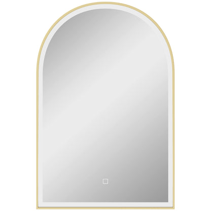 HOMCOM 90 x 60 cm Bathroom Mirror with LED Lights, Anti-Fog Arched Vanity Mirror with 3 Colour Dimmable, Gold Tone
