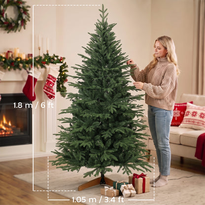 HOMCOM 180 cm Artificial Christmas Tree Full Hinged Xmas Tree Solid Pine Wood Stand, Green