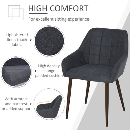 HOMCOM 2 Pieces Linen-Touch Fabric Dining Chair with Grid Pattern Cushion and Backrest, Mid Back Leisure Chair with Steel Leg, Sponge Padded Armchair for Dining Room