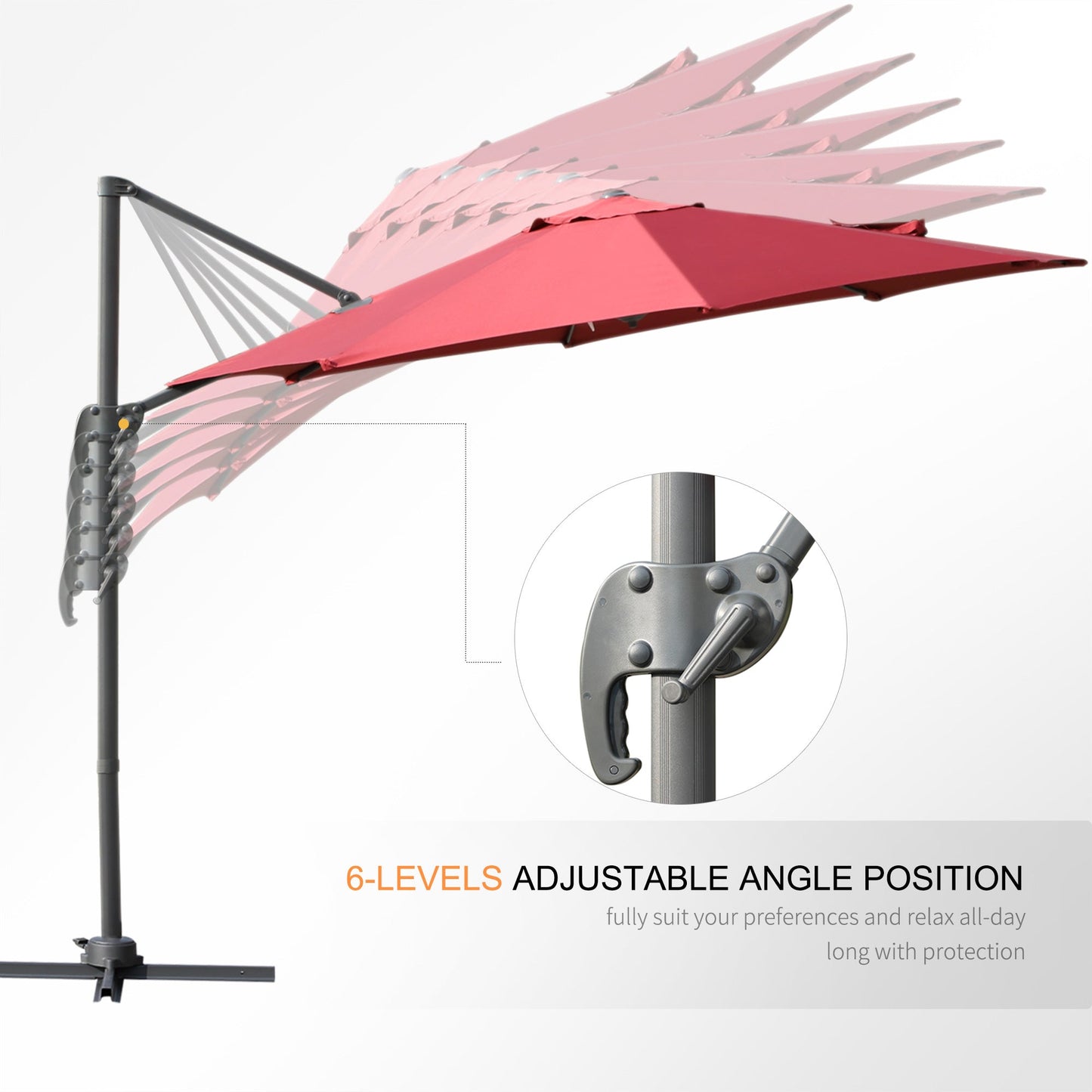 مظلة خارجية من Outsunny Cantilever Roma Parasol Garden Sun Umbrella بدوران 360 درجة مع قاعدة متقاطعة - لون أحمر خمري