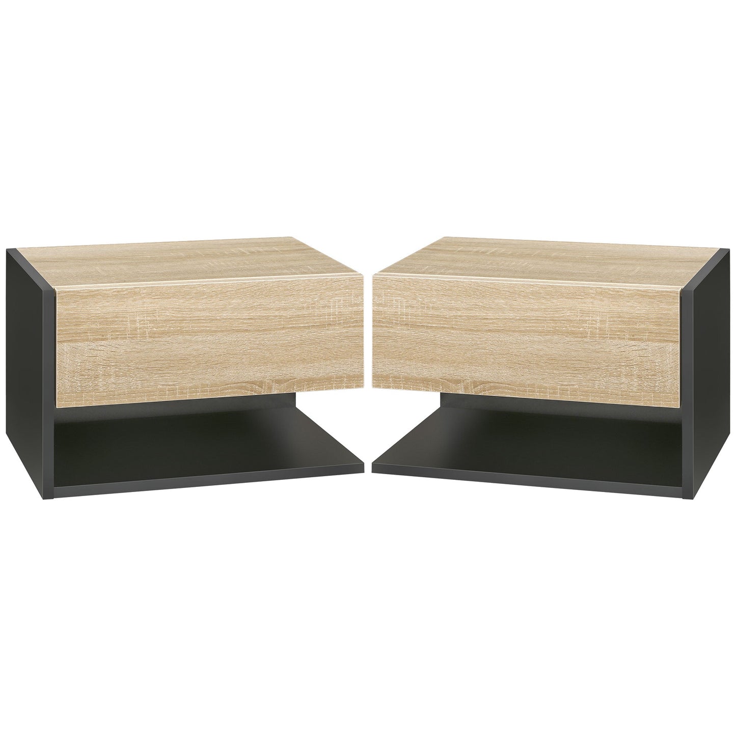 HOMCOM Floating Bedside Table Set of 2, Wall Mounted Bedside Cabinet with Drawer and Open Shelf, Modern Nightstand for Bedroom, 46 x 30 x 30 cm, Oak Tone