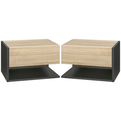 HOMCOM Floating Bedside Table Set of 2, Wall Mounted Bedside Cabinet with Drawer and Open Shelf, Modern Nightstand for Bedroom, 46 x 30 x 30 cm, Oak Tone