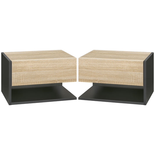 HOMCOM Floating Bedside Table Set of 2, Wall Mounted Bedside Cabinet with Drawer and Open Shelf, Modern Nightstand for Bedroom, 46 x 30 x 30 cm, Oak Tone