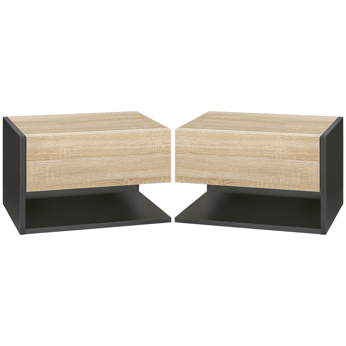 HOMCOM Floating Bedside Table Set of 2, Wall Mounted Bedside Cabinet with Drawer and Open Shelf, Modern Nightstand for Bedroom, 46 x 30 x 30 cm, Oak Tone