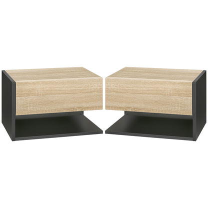 HOMCOM Floating Bedside Table Set of 2, Wall Mounted Bedside Cabinet with Drawer and Open Shelf, Modern Nightstand for Bedroom, 46 x 30 x 30 cm, Oak Tone