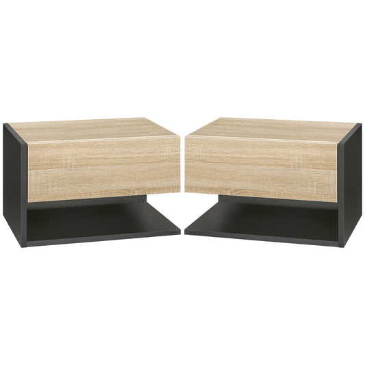 HOMCOM Floating Bedside Table Set of 2, Wall Mounted Bedside Cabinet with Drawer and Open Shelf, Modern Nightstand for Bedroom, 46 x 30 x 30 cm, Oak Tone