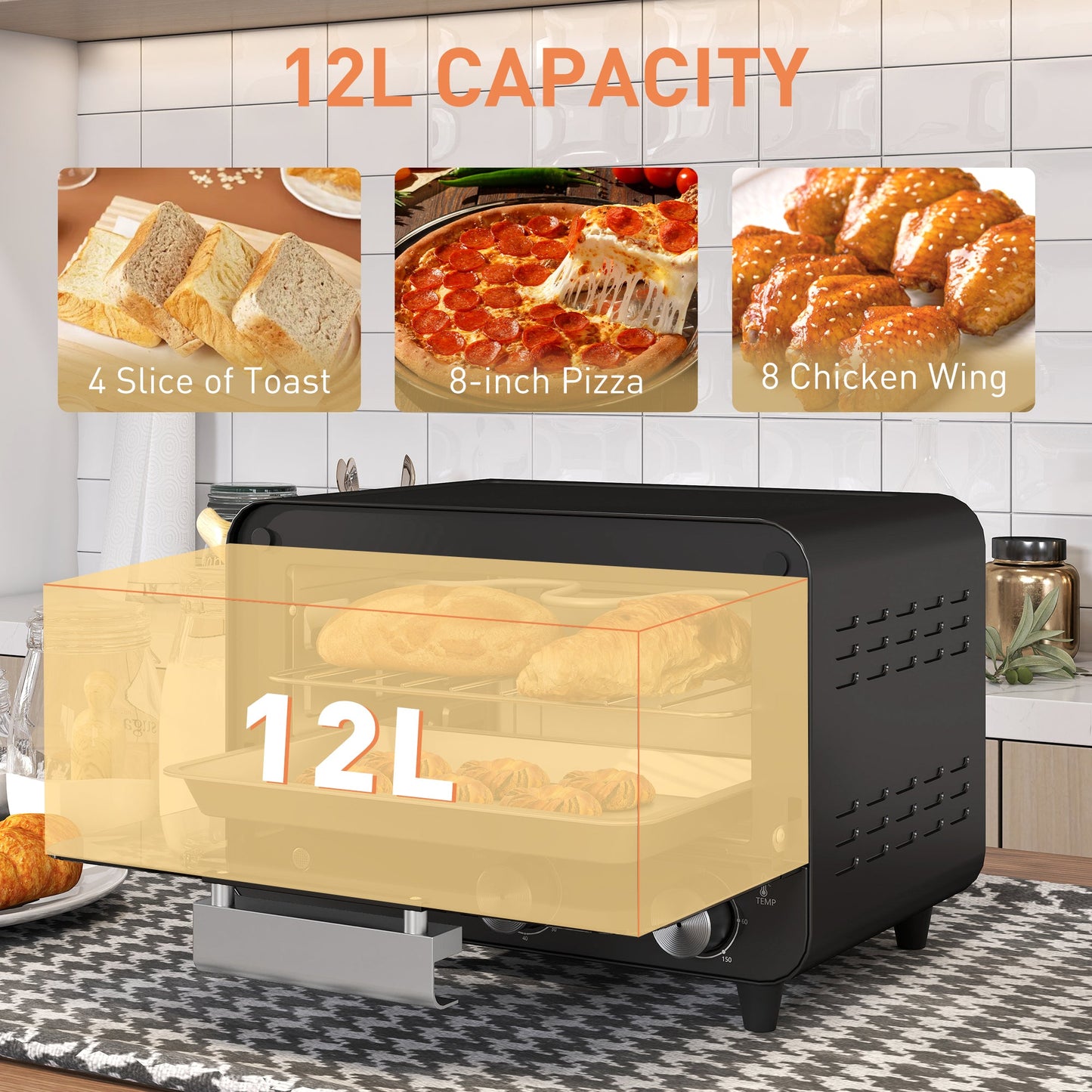 HOMCOM Small Toaster Oven, 12L Multifunction Mini Countertop Oven with Glass Door, Adjustable Temperature and Timer, Black