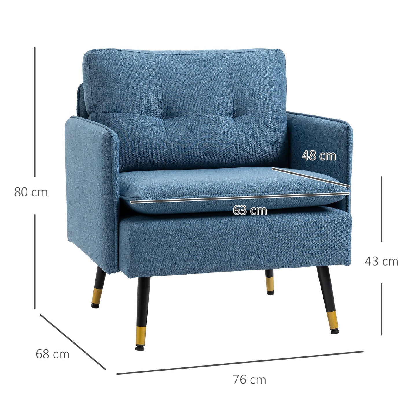 HOMCOM Modern One Seater Sofa, Button Tufted Armchair with Cushions and Steel Legs for Living Room, Guest Room, Dark Blue