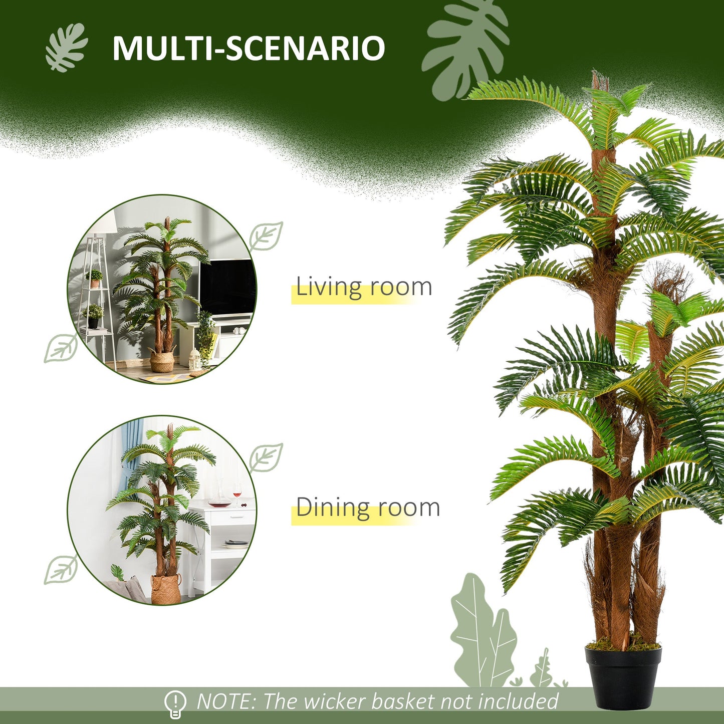 Outsunny Artificial Plant Tropical Fern in Pot, Fake Plants for Home Indoor Decor, 150cm, Green