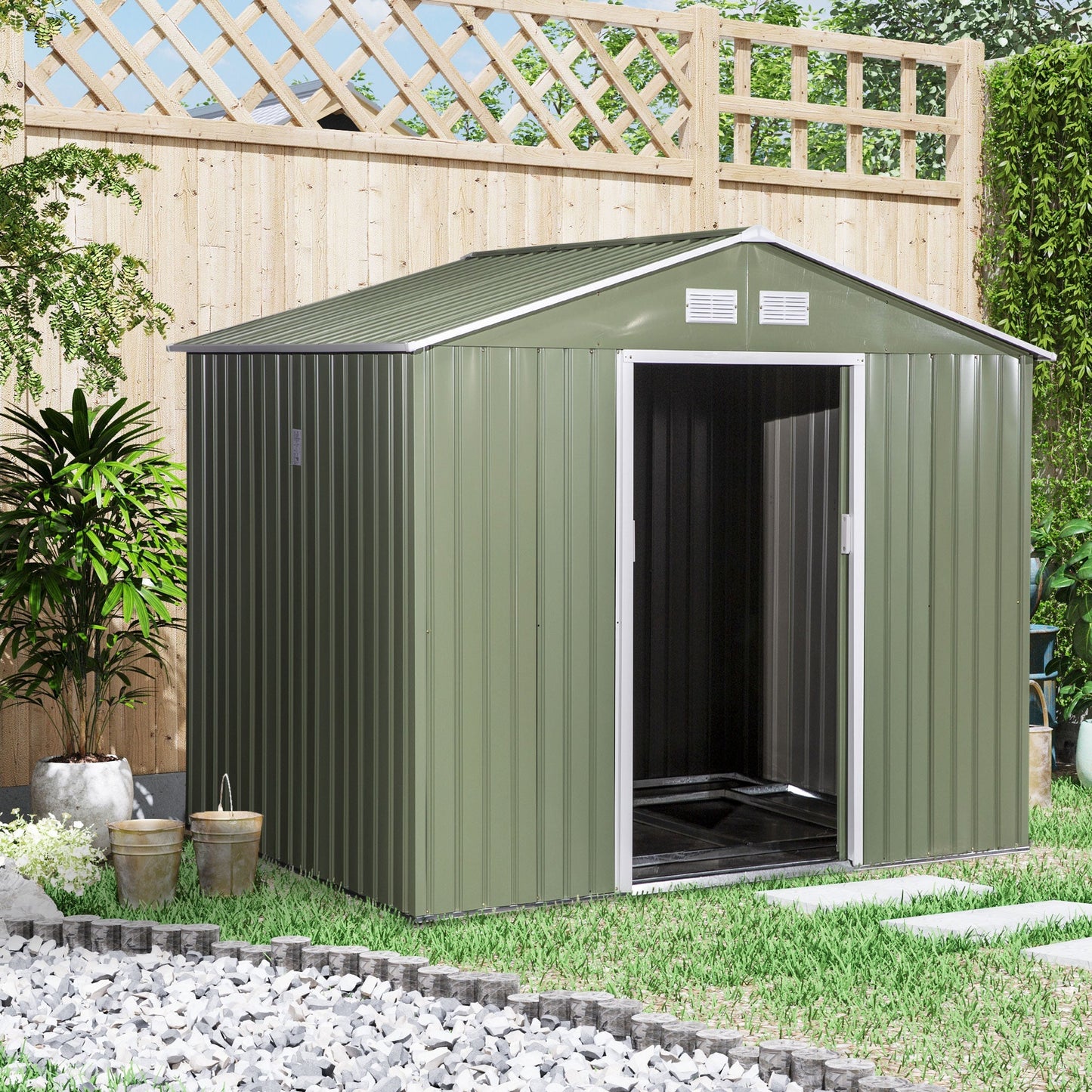 Outsunny 9 x 6 ft Metal Garden Storage Shed Corrugated Steel Roofed Tool Box with Foundation Ventilation and Doors, Light Green