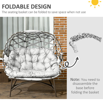 Outsunny 2 Seater Egg Chair Outdoor, Folding Weave Garden Furniture Chair with Cushion, Cup Pockets - Light Grey