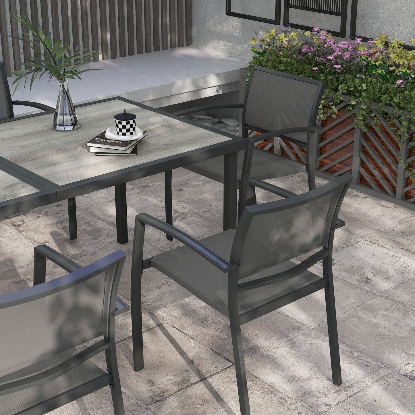 7 Pieces Garden Dining Set, Stackable Chairs, Outdoor Patio 6 Seater Table and Chairs With Breathable Mesh Seat, Back, Plastic Top for Poolside - Grey