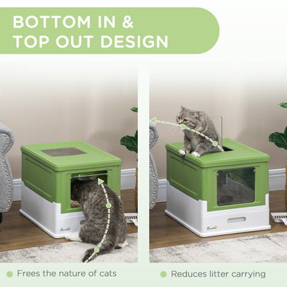 PawHut Hooded Cat Litter Box, Portable Pet Toilet, with Scoop, Front Entry - Light Green