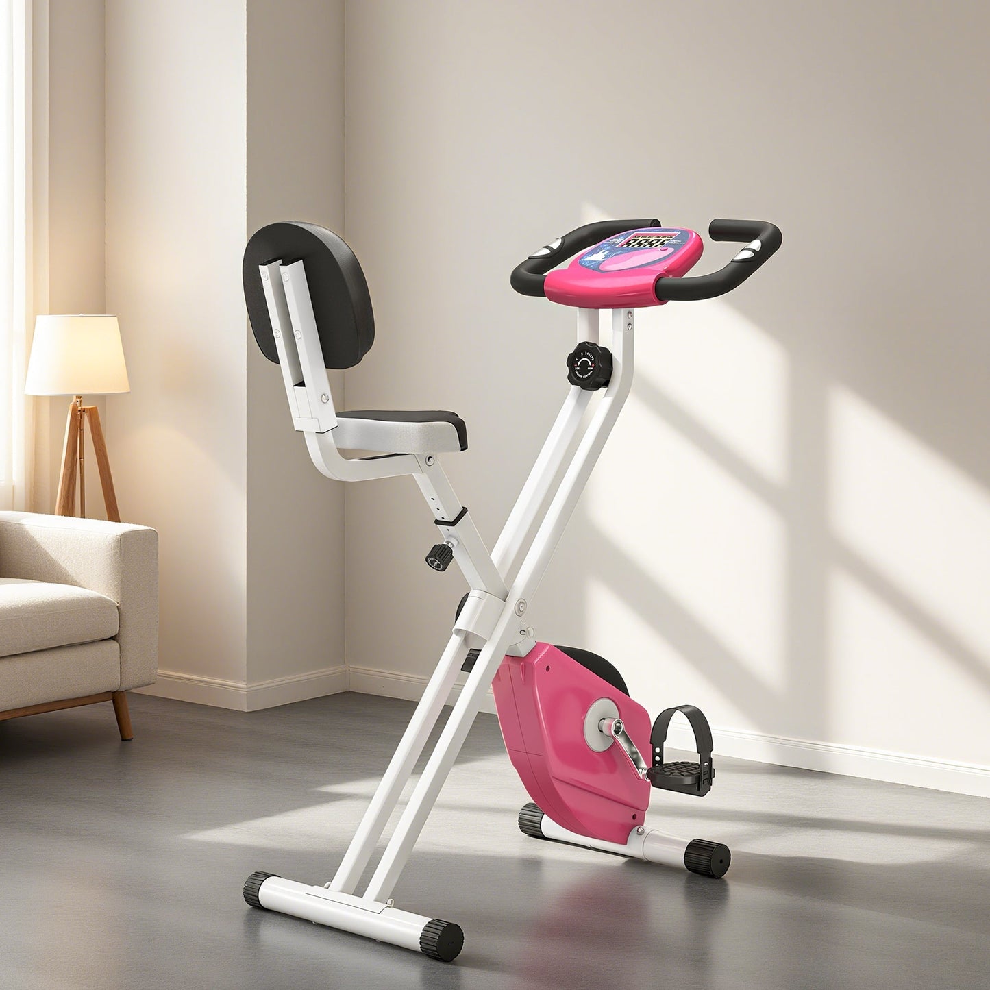 HOMCOM Folding Exercise Bike, Fitness Bicycle Indoor Trainer, 8-Level Magnetic Resistance Adjustable, with LCD Monitor, Pulse Sensor, Pink