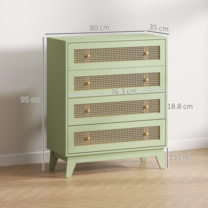 HOMCOM Chest of Drawers, 4-Drawer Storage Organiser Unit with Rattan Element for Bedroom, Living Room, Light Green