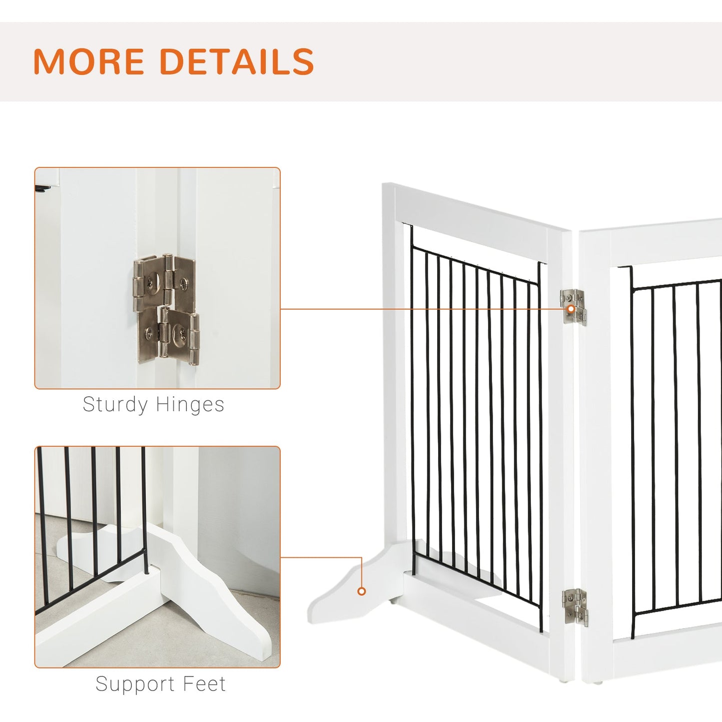 PawHut Foldable Pet Gate, with Three Panels & Two Support Feet - White