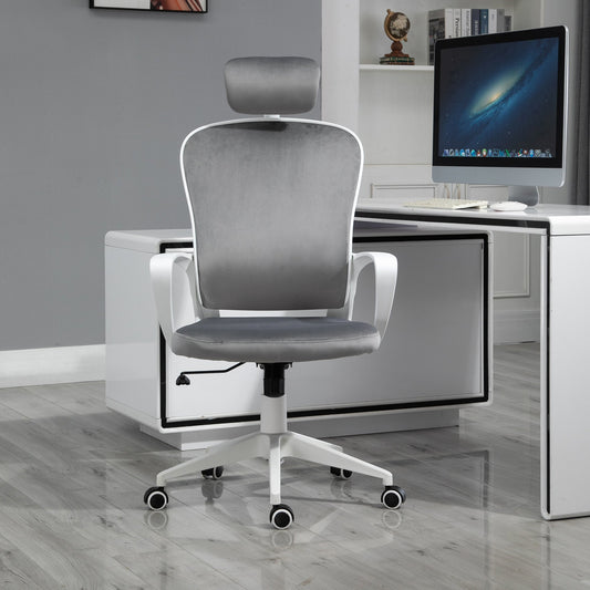 Vinsetto Computers Chair Ergonomic Back Support High Backed Office Chair Velvet Style Fabric Home Rocking with Wheels, Rotatable Liftable Headrest, Grey w/ Wheel, Up-Down Headrest