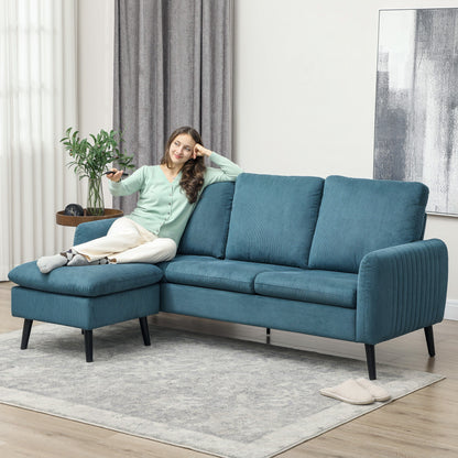 HOMCOM Fabric Sofa with Ottoman, Corduroy L-shaped Sofa Couch with Scatter Back, Reversible 3-Seater Chaise Lounge for Living Room, Home Office, Small Spaces, Blue