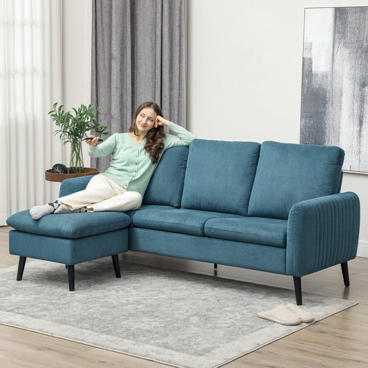HOMCOM Fabric Sofa with Ottoman, Corduroy L-shaped Sofa Couch with Scatter Back, Reversible 3-Seater Chaise Lounge for Living Room, Home Office, Small Spaces, Blue