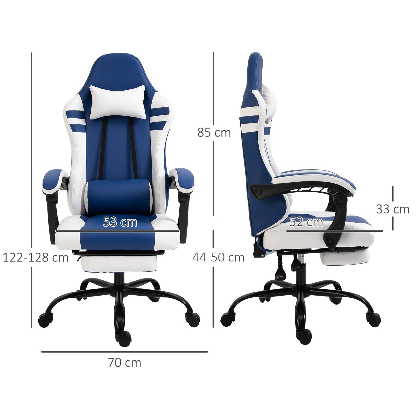 Vinsetto PU Leather Gaming Chair with Headrest, Footrest, Wheels, Adjustable Height, Racing Gamer Chair, Blue White