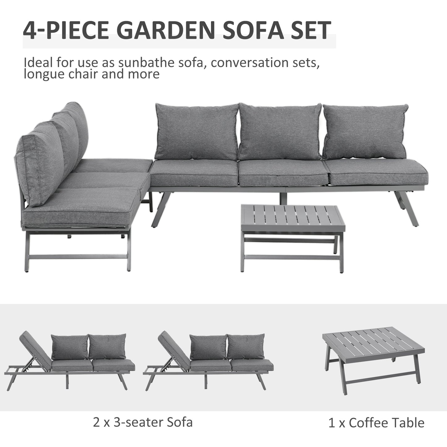 Outsunny 3 Pieces Garden Furniture Sets, 6 Seater Corner Sofa Set with Adjustable Backrest Chase Lounge with Slatted Metal Top Table, Padded Cushion, Grey