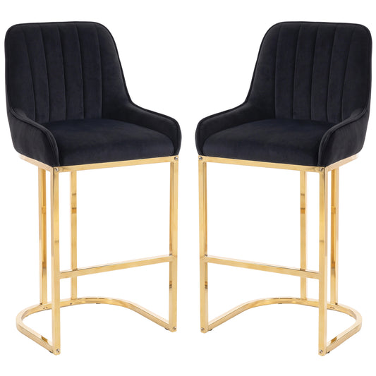 HOMCOM Bar Stools Set of 2 with Backrest, Footrest, Gold Electroplated Legs for Kitchen Island, Dining Room, Black