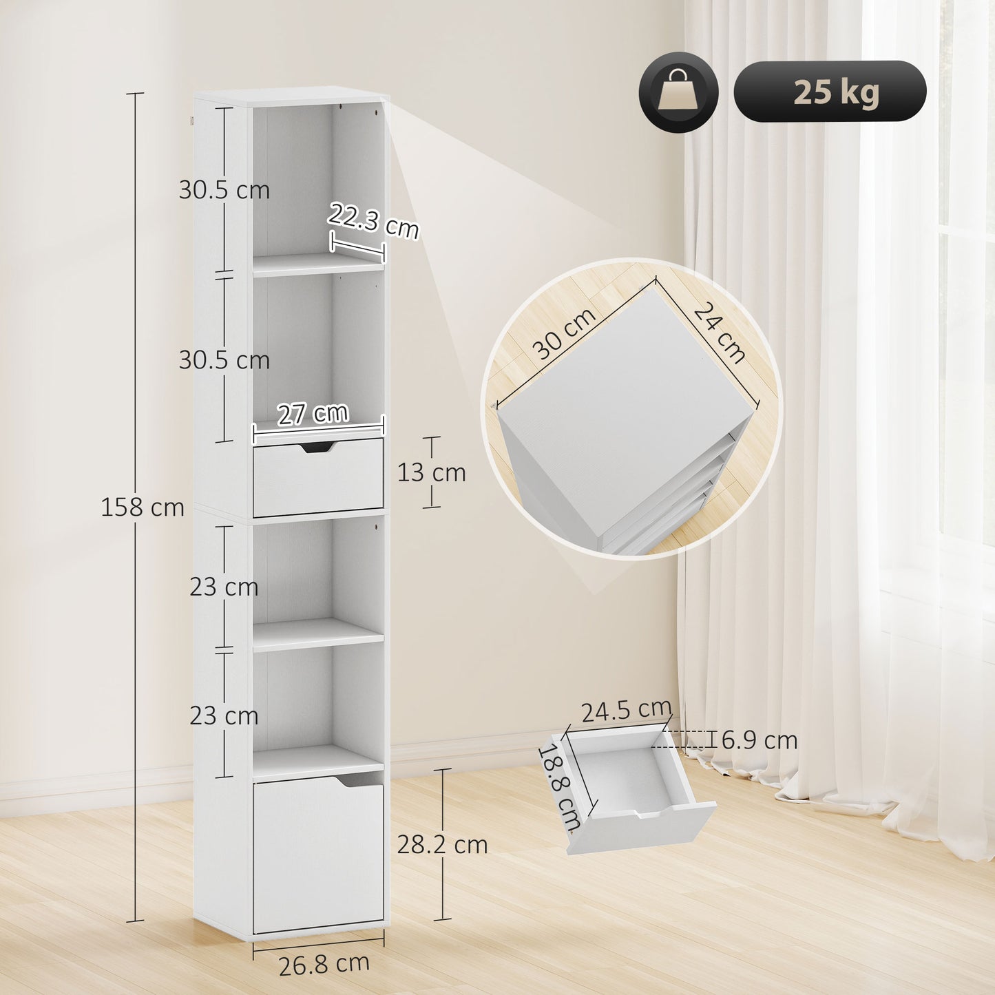 HOMCOM 6-Tier Bookcase, Tall Narrow Bookshelf with Drawer and Door - White