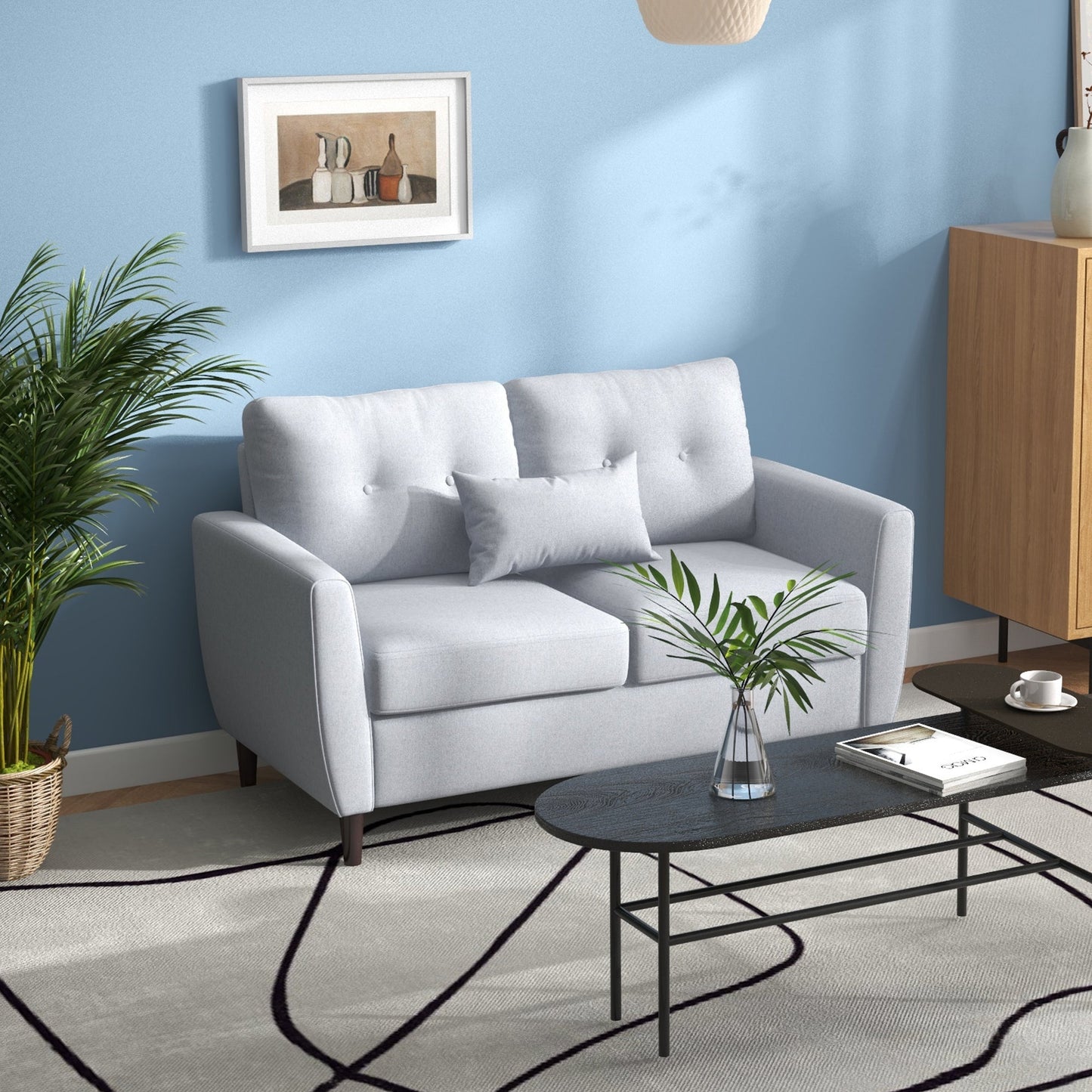 Sofa dwuosobowa HOMCOM, sofa dwuosobowa, materiał, nogi drewniane, pikowane, do salonu, jadalni, biura, jasnoszara