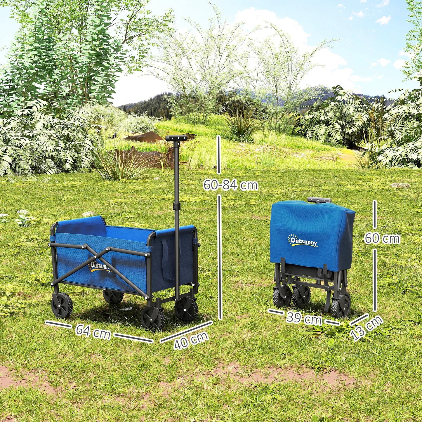 Outsunny 41L Festival Trolley on Wheels, Small Garden Folding Trolley Cart, 60kg Heavy Duty Collapsible Folding Wagon with Adjustable Handle and Carrying Bag for Beach, Camping, Festival, Blue