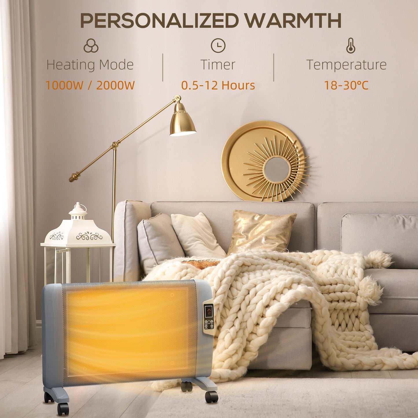HOMCOM Mica Elektryczny Grzejnik Pomieszczeniowy, Przenośny Grzejnik Do Domu z 2 Ustawieniami Grzania, Salon, Gabinet, Garaż, Regulowana Temperatura 18-30√Ç¬∞C, 1000 W/2000 W, Szary
