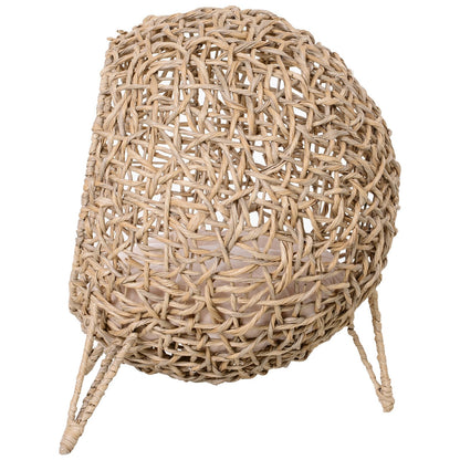 PawHut Hooded Rattan Wicker Elevated Cat House Kitten Pussy Basket Ball Shaped Bed Pet Furniture with Removable Cushion Natural