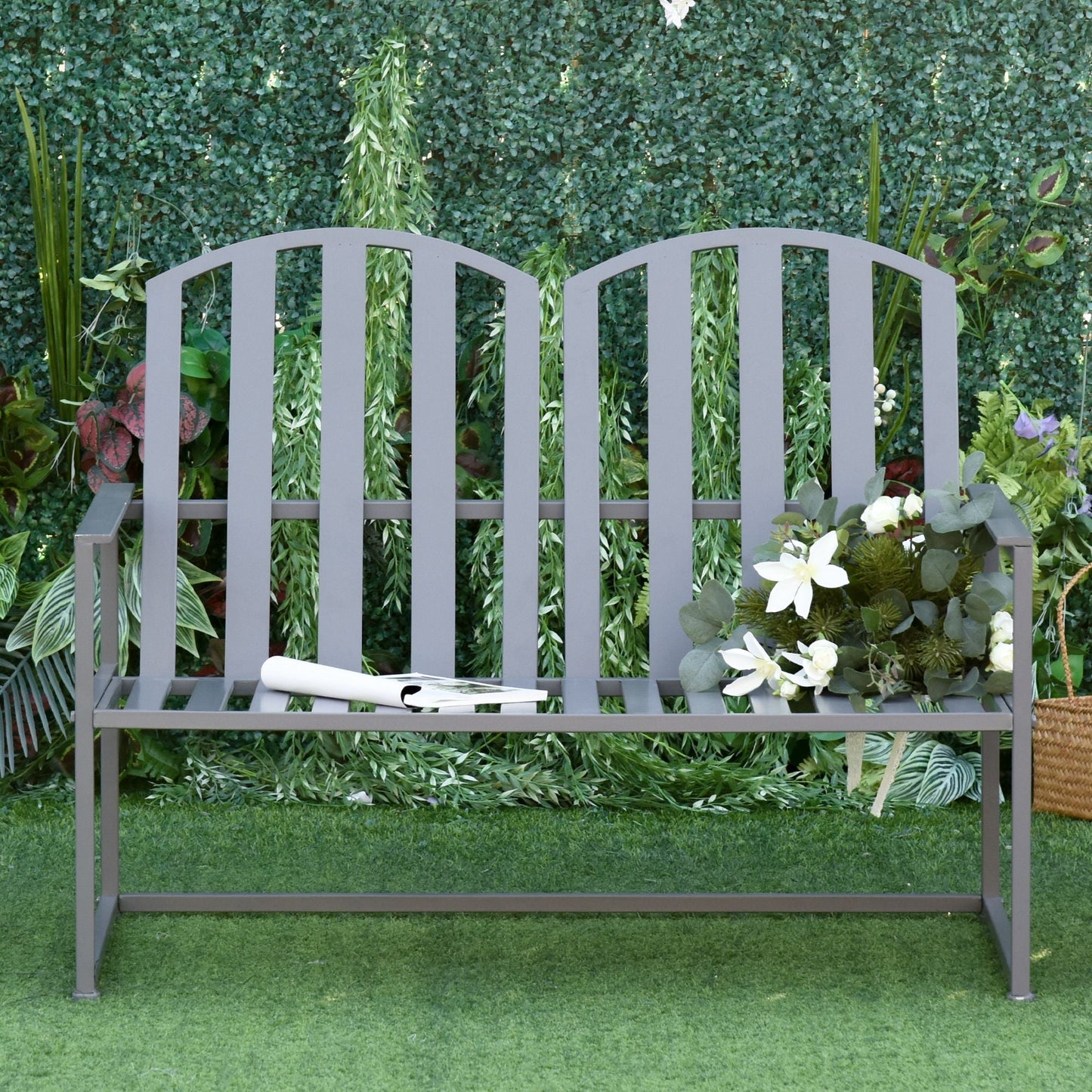 كرسي Outsunny Garden Bench Loveseat بمقعدين للحديقة الخارجية، ساحة، إطار فولاذي، تصميم شرائحي زخرفي، رمادي