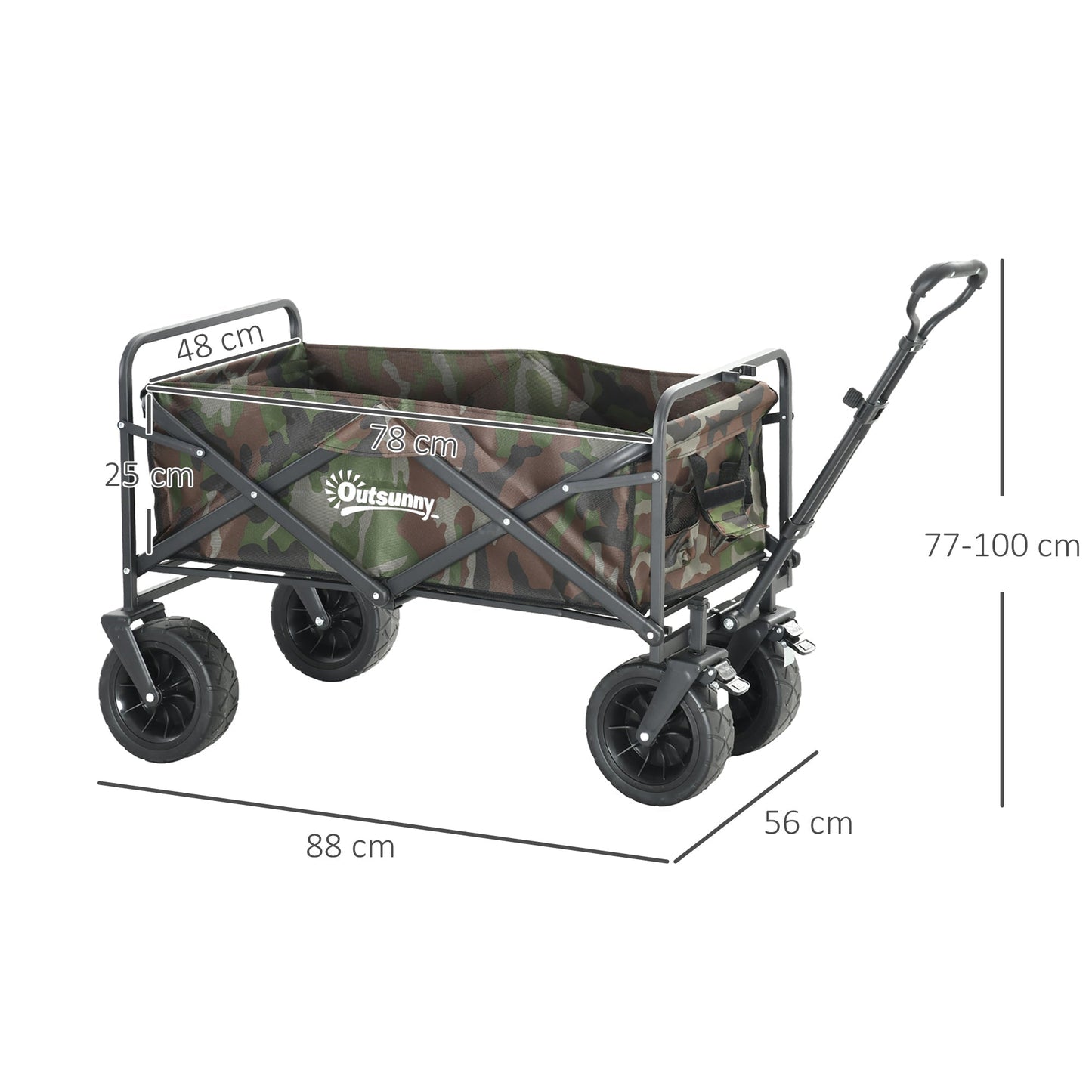 Outsunny Folding Garden Trolley, Outdoor Wagon Cart with Carry Bag, for Beach, Camping, Festival, 100KG Capacity, Camouflage