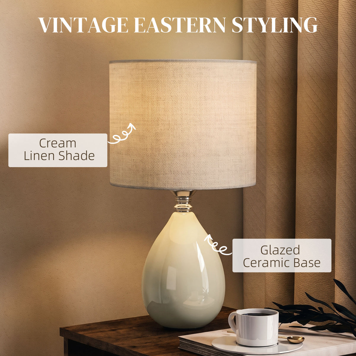 HOMCOM Table Lamp, Vintage Eastern Bedside Desk Lamp with Fabric Lampshade for Study, Bedroom, Living Room, Cream White