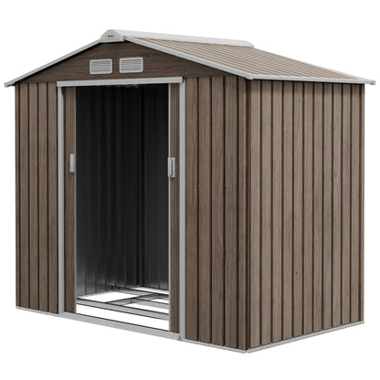 Outsunny 7 x 4ft Metal Garden Storage Shed with Vents, Floor Foundation and Lockable Double Doors, Brown