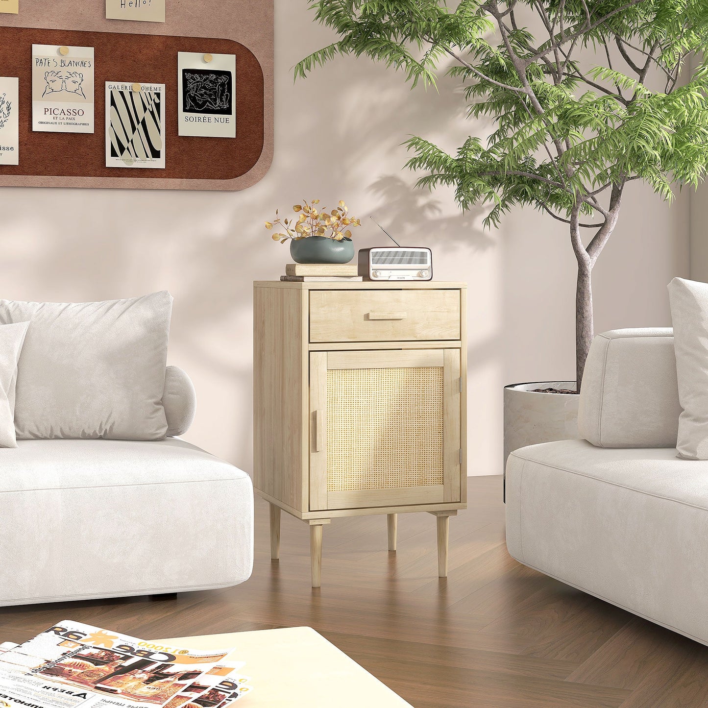 طاولة بجانب السرير من HOMCOM، طاولات جانبية من الخيزران مع درج وخزانة ورف قابل للتعديل، خزانة بجانب السرير على طراز بوهو مع مساحة تخزين لغرفة النوم وغرفة المعيشة، بتأثير الخشب الطبيعي