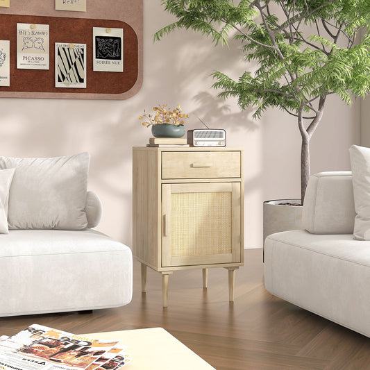 Stolik nocny HOMCOM, stoliki nocne z rattanu z szufladą, szafką i regulowaną półką, szafka nocna Boho z miejscem do przechowywania do sypialni, salonu, naturalny efekt drewna