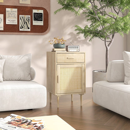 HOMCOM Bedside Table, Rattan Side Tables with Drawer, Cabinet and Adjustable Shelf, Boho Bedside Cabinet with Storage for Bedroom, Living Room, Natural Wood Effect