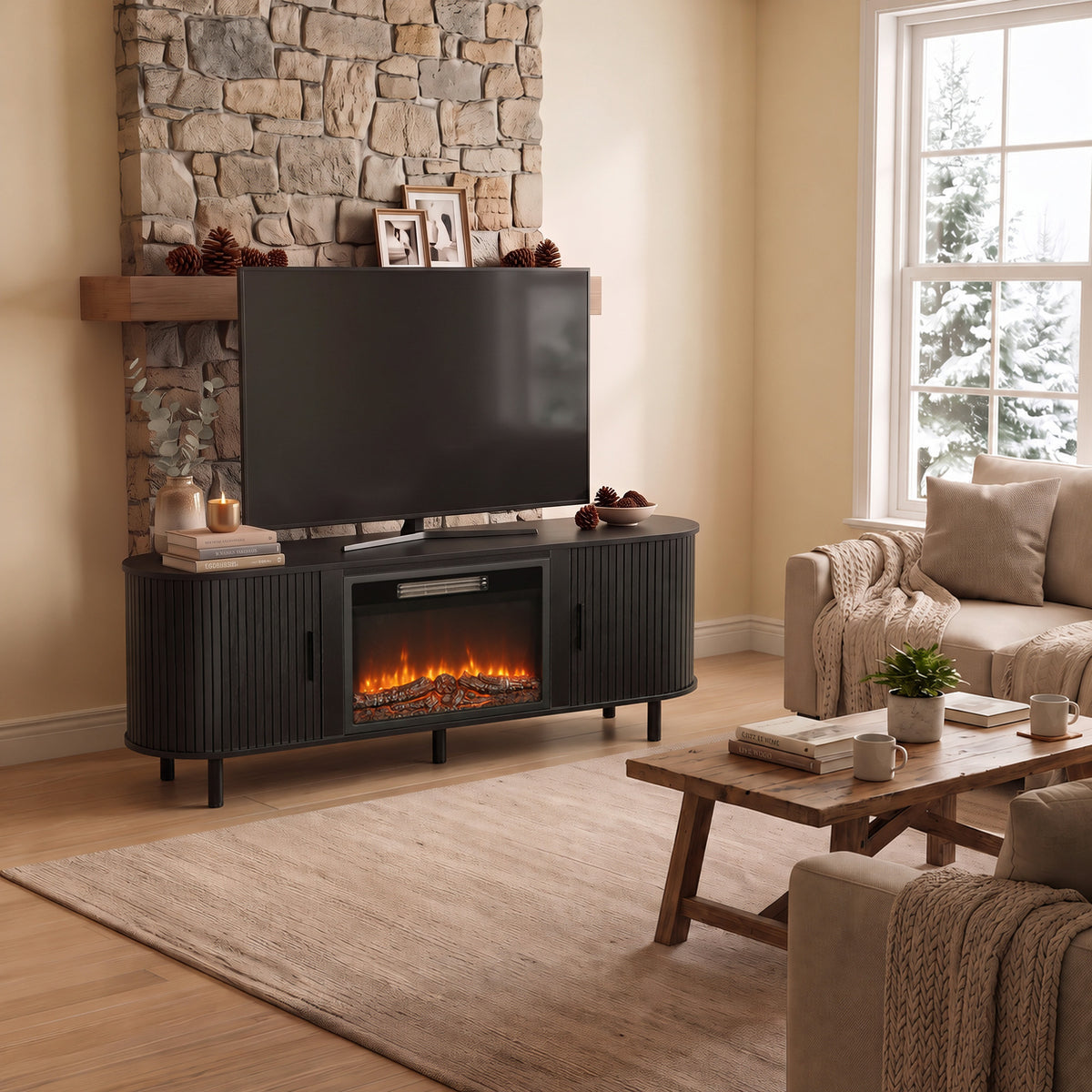 HOMCOM Electric Fireplace TV Stand for 70" TVs, 1800W Entertainment Center with Adjustable Flame Effect, Storage